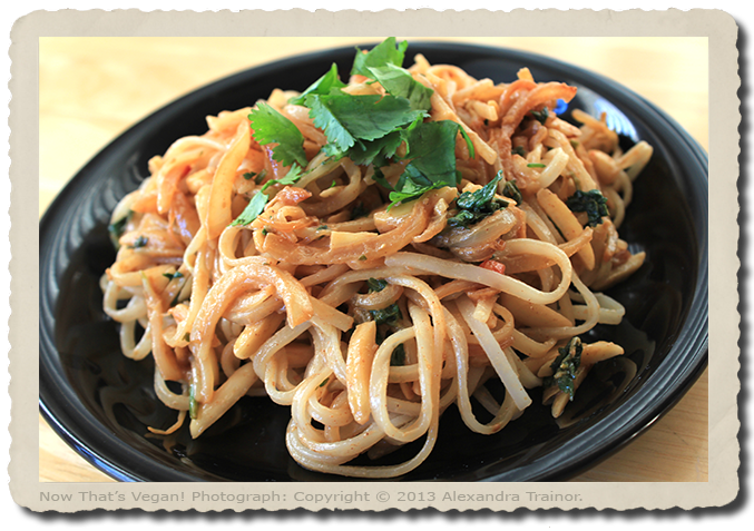A recipe for noodles mixed in an almond butter sauce.