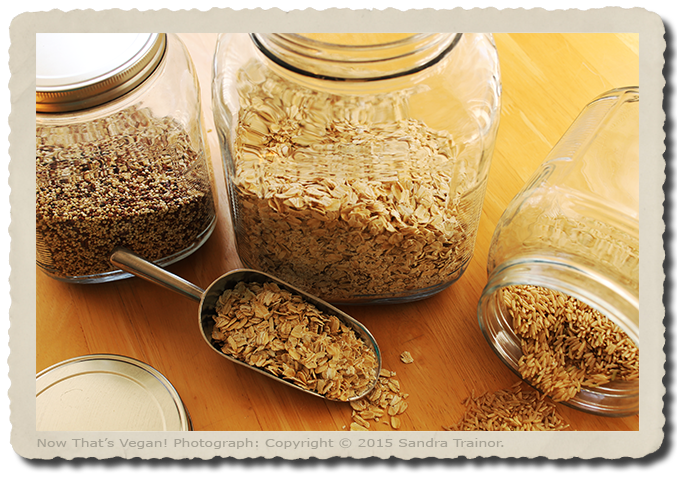 Various gluten-free grains in glass containers.