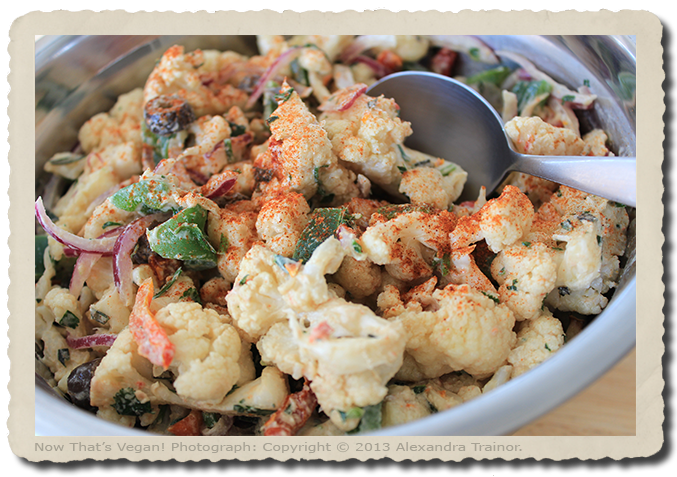 A salad that's similar to potatoe salad, but uses baked cauliflower in place of potatoes.