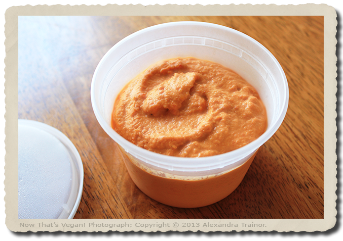 A dip or sandwich spread made with roasted red peppers.