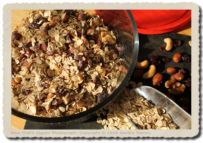 A cereal mix of oats, nuts, seeds, and dried fruit.