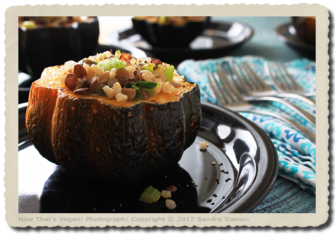 Acorn squash stuffed with brown rice and lentils.