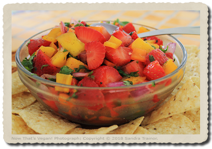 A tasty salsa made with strawberries and Mango.