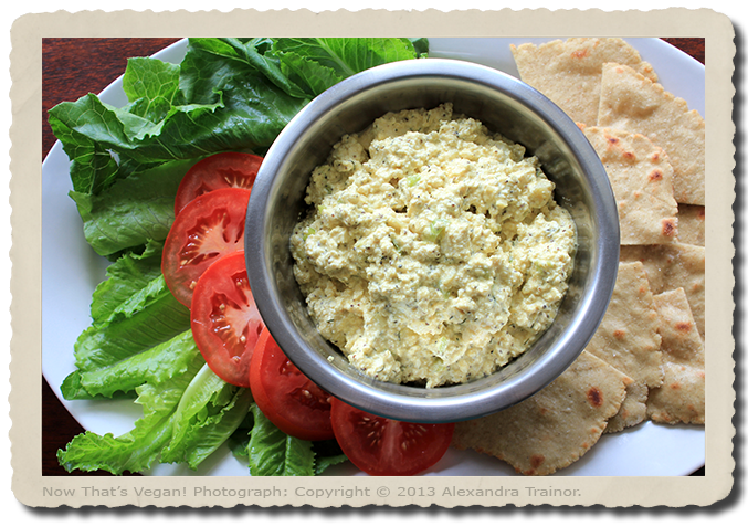 An eggless salad that uses tofu in place of eggs.