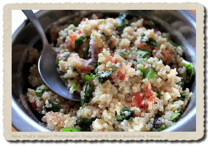 A gluten-free tabouli salad that uses quinoa in place of bulgur.