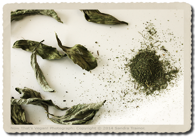 Dried stevia leaves crushed into a powder.